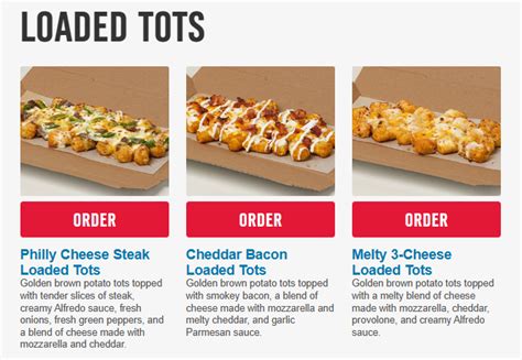 The new appetizer comes in three varieties Melty 3-Cheese Topped with Alfredo sauce, mozzarella, cheddar, and provolone. . Dominos tater tots calories